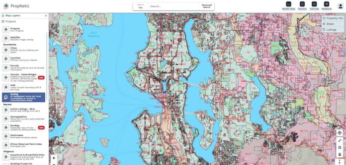 Prophetic's statewide zoning map showing the Seattle area. Image: Prophetic | AI PropTech News
